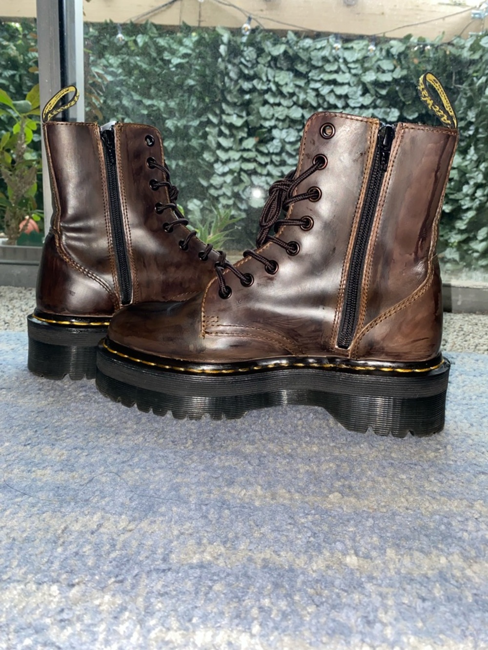 Dr. Martens Platform Boots in Dark Brown with Yellow Stitching - Picture 5 of 5